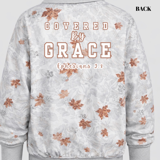 Covered by Grace Shirt – Ephesians 2:8 Christian Camo Tee, Faith Based Apparel, Scripture Shirt, White Camo with Brown Leaves