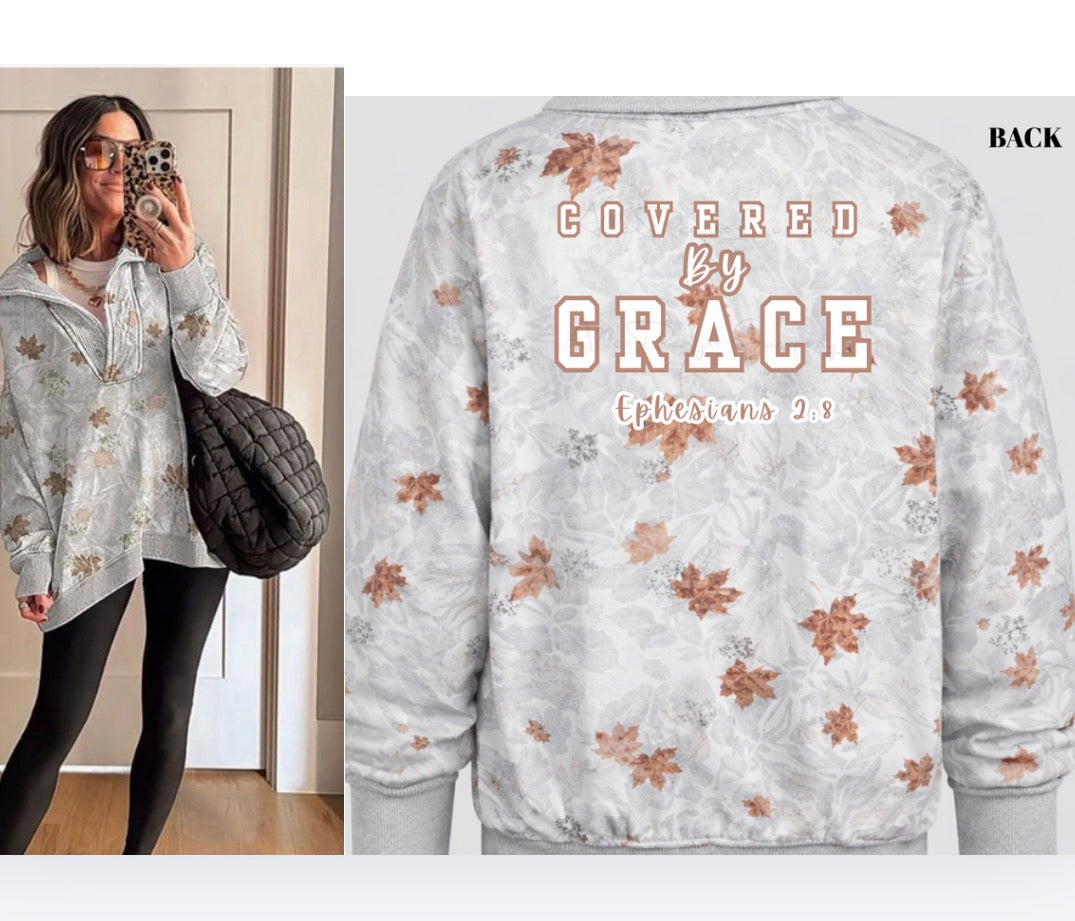 Covered by Grace Shirt – Ephesians 2:8 Christian Camo Tee, Faith Based Apparel, Scripture Shirt, White Camo with Brown Leaves