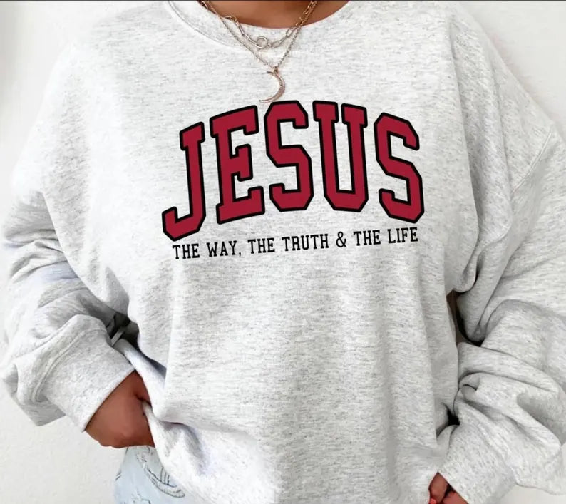 Christian Jesus Varsity Sweatshirt – Jesus The Way The Truth The Life | Faith Hoodie | Religious College Style Pullover | Christian Apparel