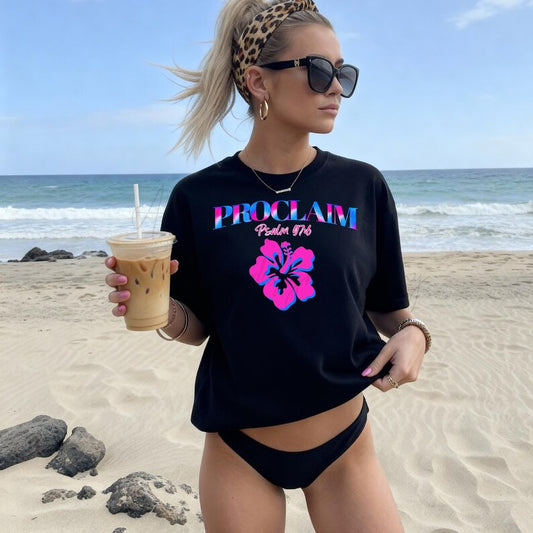 Proclaim Bible Verse Shirt | Hot Pink & Blue Hibiscus Flower Christian Tee - Aesthetic Psalm | Beach Scripture Shirt