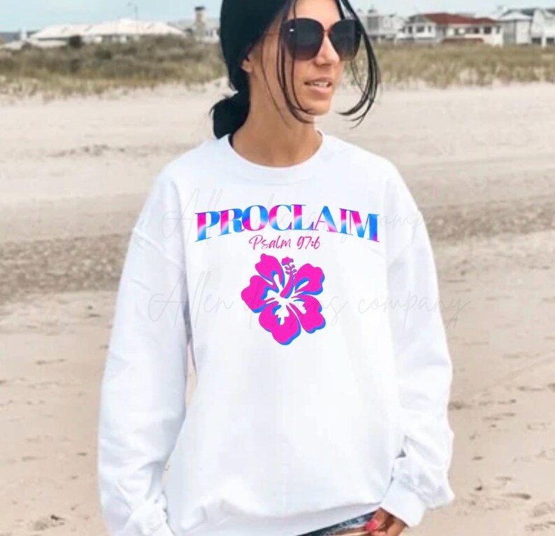 Proclaim Bible Verse Shirt | Hot Pink & Blue Hibiscus Flower Christian Tee - Aesthetic Psalm | Beach Scripture Shirt