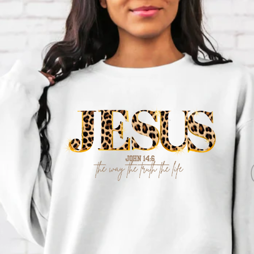 Christian Jesus Shirt, Cheetah Print Gold Bible Verse Sweatshirt, Trendy Faith Apparel Gift, Jesus Loves You, The Way The Truth The Life