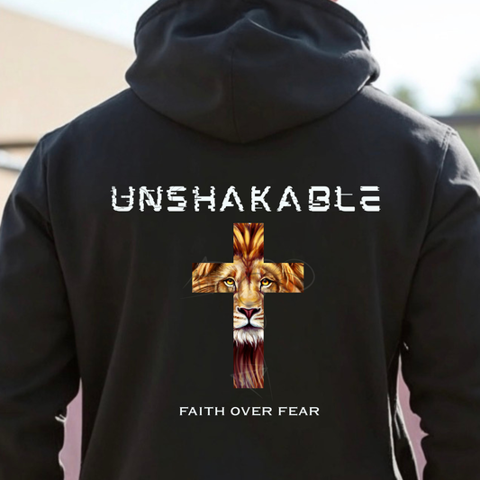 Unshakable Faith Over Fear Hoodie, Lion of Judah Cross Sweatshirt, Christian Streetwear for Men & Women, Bible Verse Gift, Religious Pullover